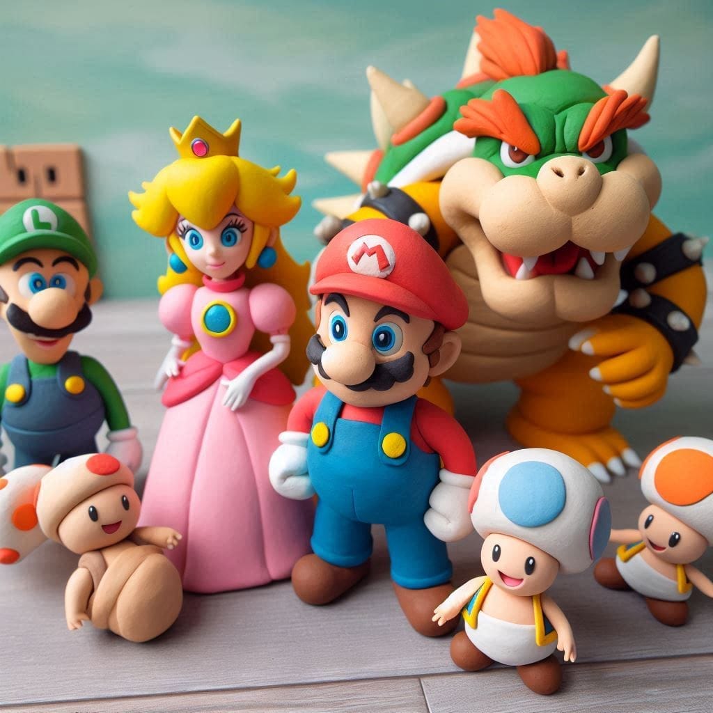 Super Mario Bros. claymation style characters. From left to right: Luigi, Princess Peach, Mario, Bowser, Toads.
