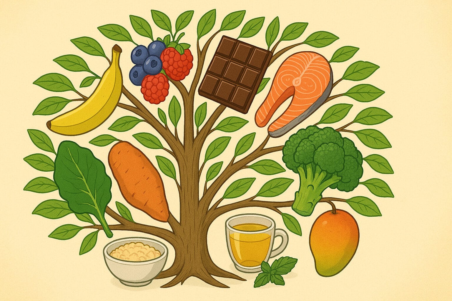 An illustration of a tree with healthy foods growing on it. Everything from vegetables, fish, and nuts are growing on the tree.