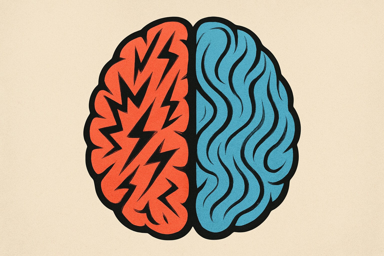 A top view illustration of a brain. Half blue (positive thoughts), half red (negative thoughts).