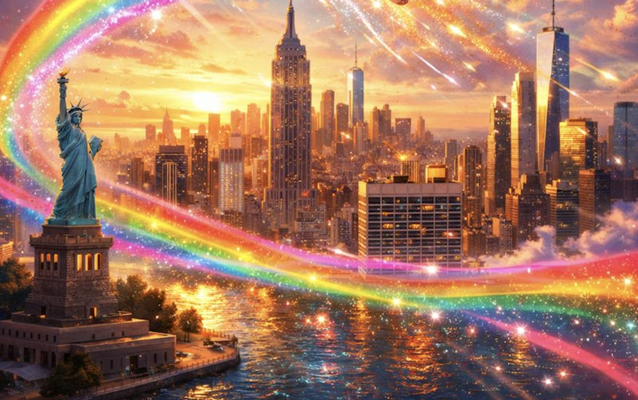 A rainbow and sparkles wrapping through New York City.